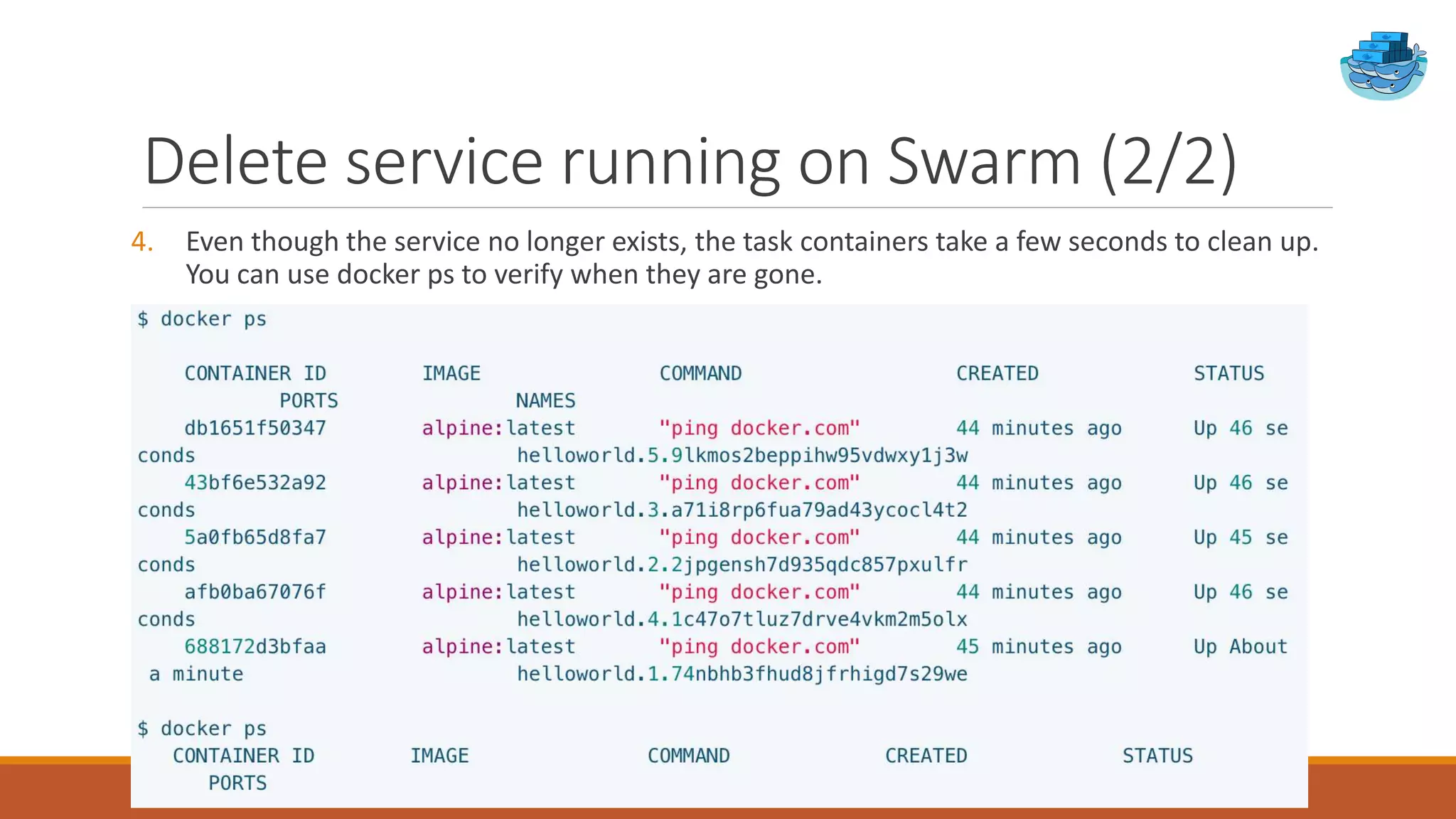 Delete service running on Swarm (2/2)
4. Even though the service no longer exists, the task containers take a few seconds to clean up.
You can use docker ps to verify when they are gone.
 