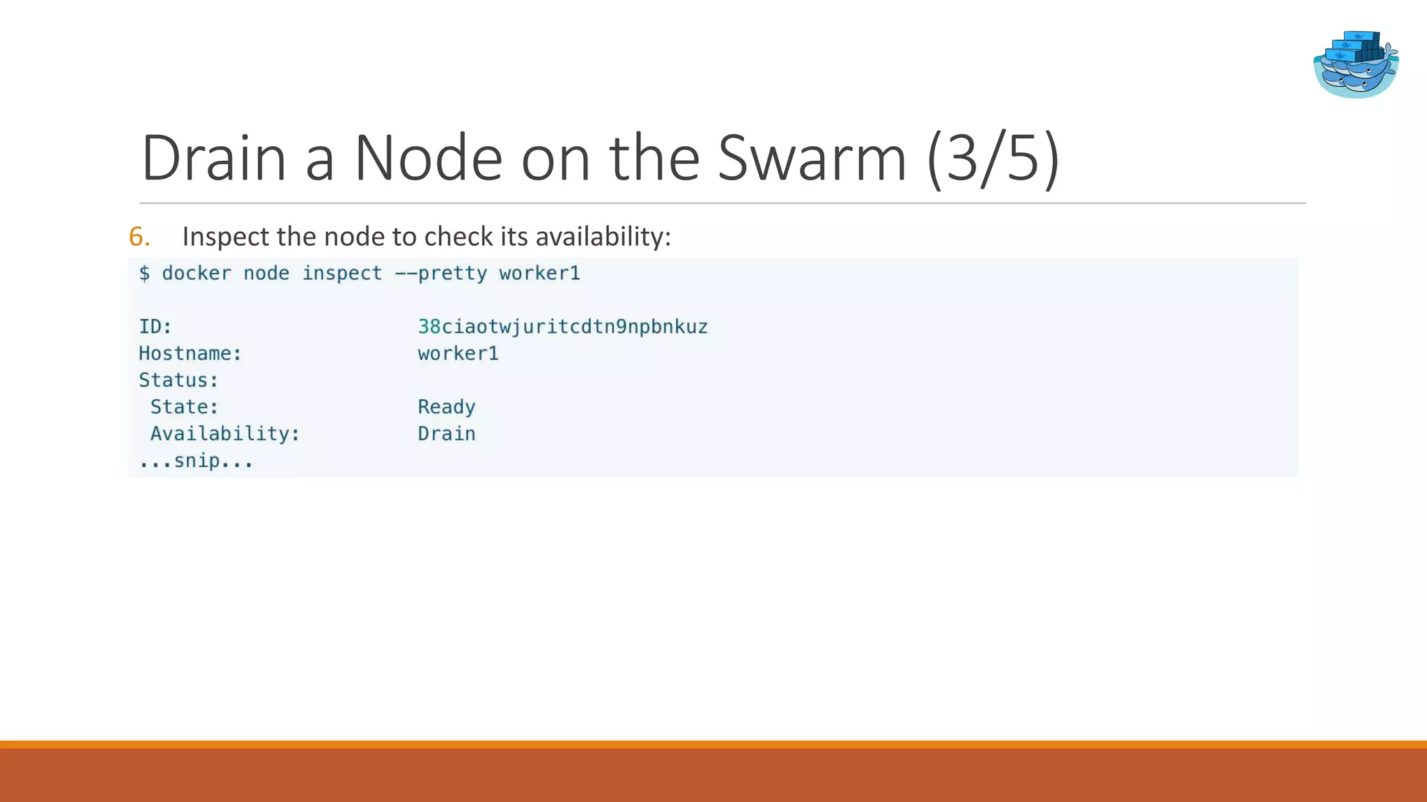 Drain a Node on the Swarm (3/5)
6. Inspect the node to check its availability:
 