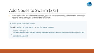 Add Nodes to Swarm (3/5)
3. If you don’t have the command available, you can run the following command on a manager
node to retrieve the join command for a worker:
 