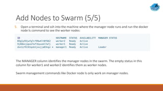 Add Nodes to Swarm (5/5)
5. Open a terminal and ssh into the machine where the manager node runs and run the docker
node ls command to see the worker nodes:
The MANAGER column identifies the manager nodes in the swarm. The empty status in this
column for worker1 and worker2 identifies them as worker nodes.
Swarm management commands like Docker node ls only work on manager nodes.
 