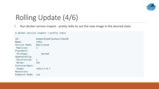 Rolling Update (4/6)
5. Run docker service inspect --pretty redis to see the new image in the desired state:
 