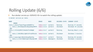 Rolling Update (6/6)
8. Run docker service ps <SERVICE-ID> to watch the rolling update:
 