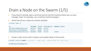 Drain a Node on the Swarm (1/5)
1. If you haven’t already, open a terminal and ssh into the machine where you run your
manager node. For example, use a machine named manager1.
2. Verify that all your nodes are actively available.
3. Create a radis service with 3 replicas and update delay of 10 seconds
 
