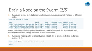 Drain a Node on the Swarm (2/5)
4. Run docker service ps redis to see how the swarm manager assigned the tasks to different
nodes:
In this case the swarm manager distributed one task to each node. You may see the tasks
distributed differently among the nodes in your environment.
5. Run docker node update --availability drain <NODE-ID> to drain a node that had a task
assigned to it:
 