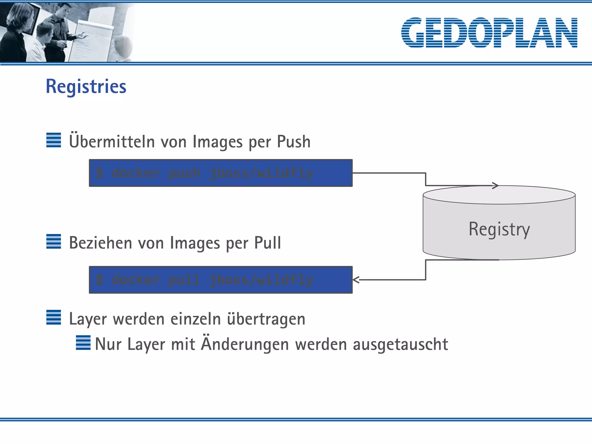 Registries
Übermitteln von Images per Push
Beziehen von Images per Pull
Layer werden einzeln übertragen
Nur Layer mit Änderungen werden ausgetauscht
$ docker push jboss/wildfly
$ docker pull jboss/wildfly
Registry
 
