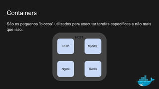 Containers
São os pequenos "blocos" utilizados para executar tarefas específicas e não mais
que isso.
Redis
MySQLPHP
Nginx
HOST
 