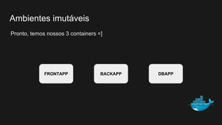 Pronto, temos nossos 3 containers =]
Ambientes imutáveis
FRONTAPP BACKAPP DBAPP
 