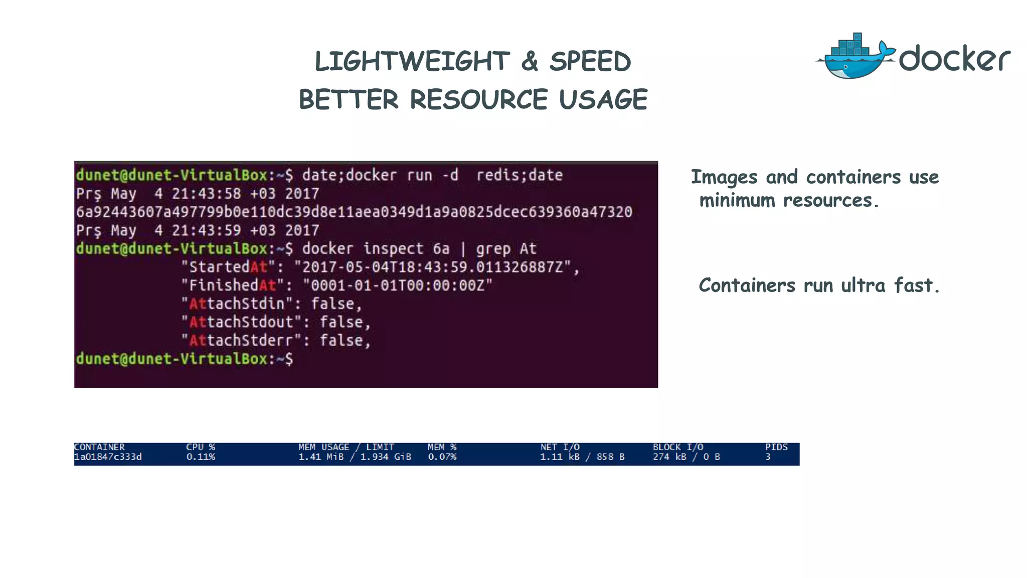 LIGHTWEIGHT & SPEED
BETTER RESOURCE USAGE
Images and containers use
minimum resources.
Containers run ultra fast.
 