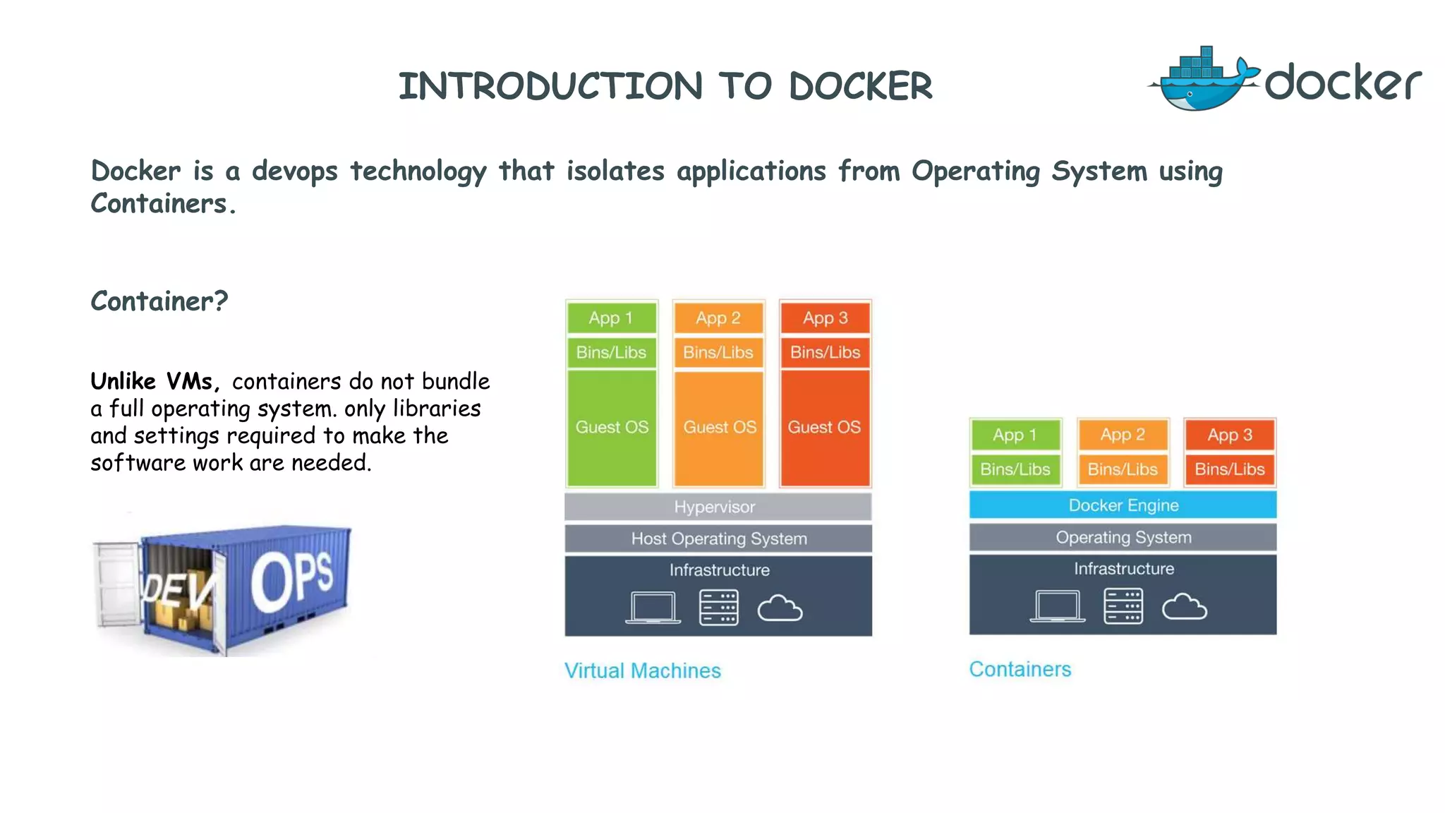 INTRODUCTION TO DOCKER
Docker is a devops technology that isolates applications from Operating System using
Containers.
Container?
Unlike VMs, containers do not bundle
a full operating system. only libraries
and settings required to make the
software work are needed.
 