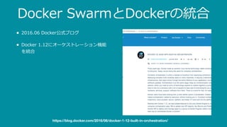 Docker SwarmとDockerの統合
• 2016.06 Docker公式ブログ
• Docker 1.12にオーケストレーション機能
を統合
https://blog.docker.com/2016/06/docker-1-12-built-in-orchestration/
 
