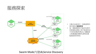 服務探索
• 分散式系統其中一項最重要的
項目就是: 服務探索
• 每一個服務都有可能因為異外
而被重啟,重啟之後可能被設定
不同的組態(例:IP),為了讓服務
之間溝通能夠順利,需要具備
服務探索的特性
Swarm Mode內建LB,Service Discovery
 
