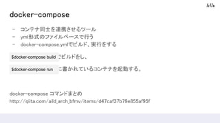 docker-compose
- コンテナ同士を連携させるツール
- yml形式のファイルベースで行う
- docker-compose.ymlでビルド、実行をする
でビルドをし、
　　　　　　　　　 でymlに書かれているコンテナを起動する。
docker-compose コマンドまとめ
http://qiita.com/aild_arch_bfmv/items/d47caf37b79e855af95f
$docker-compose build
$docker-compose run
 