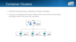 Container Clusters
• Facilitate load balancing, scalability, and high availability
• A cluster is composed of master nodes which control the orchestration,
and agent nodes that host the containers
 