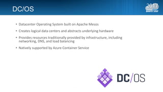 DC/OS
• Datacenter Operating System built on Apache Mesos
• Creates logical data centers and abstracts underlying hardware
• Provides resources traditionally provided by infrastructure, including
networking, DNS, and load balancing
• Natively supported by Azure Container Service
 