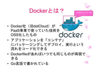Dockerとは？
• Docker社（旧dotCloud）が
PaaS事業で使っていた技術を
OSS化したもの
• アプリケーションを「コンテナ」
にパッケージングしてデプロイ、実行という
流れをコード化できる
• Dockerfileがあればいつでも同じものが再現で
きる
• Go言語で書かれている
この辺がコンテナっぽ
い
 