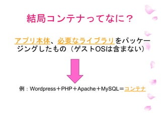 結局コンテナってなに？
アプリ本体、必要なライブラリをパッケー
ジングしたもの（ゲストOSは含まない）
例：Wordpress＋PHP＋Apache＋MySQL＝コンテナ
 