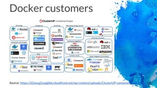 16
Docker customers
Source: https://d2axcg2cspgbkk.cloudfront.net/wp-content/uploads/ClusterUP-containerscape.png
 