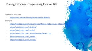 32
Manage docker image using Dockerfile
Dockerfile reference
- https://docs.docker.com/engine/reference/builder/
Example
- https://hub.docker.com/r/novemberde/docker_node_server/~/dockerfile/
- https://hub.docker.com/_/jenkins/
- https://hub.docker.com/_/redis/
- https://hub.docker.com/r/wnameless/oracle-xe-11g/
- https://hub.docker.com/_/mysql/
- https://hub.docker.com/_/mongo/
 