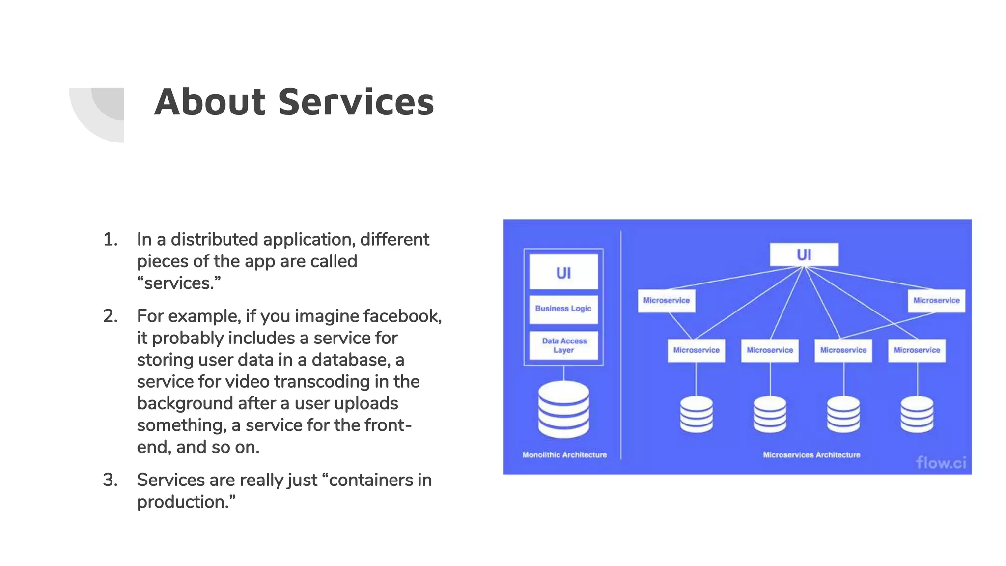 About Services
1. In a distributed application, different
pieces of the app are called
“services.”
2. For example, if you imagine facebook,
it probably includes a service for
storing user data in a database, a
service for video transcoding in the
background after a user uploads
something, a service for the front-
end, and so on.
3. Services are really just “containers in
production.”
 