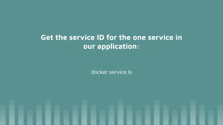 Get the service ID for the one service in
our application:
docker service ls
 