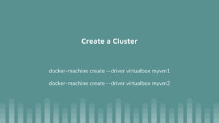 Create a Cluster
docker-machine create --driver virtualbox myvm1
docker-machine create --driver virtualbox myvm2
 