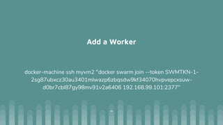 Add a Worker
docker-machine ssh myvm2 "docker swarm join --token SWMTKN-1-
2sg87ubxcz30au3401mlwazp6zbqsdw9kf34070hvpvepcxsuw-
d0br7cbl87gy98mv91v2a6406 192.168.99.101:2377"
"
 