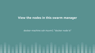 View the nodes in this swarm manager
docker-machine ssh myvm1 "docker node ls"
 