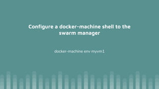 Configure a docker-machine shell to the
swarm manager
docker-machine env myvm1
 