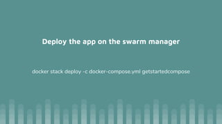Deploy the app on the swarm manager
docker stack deploy -c docker-compose.yml getstartedcompose
 