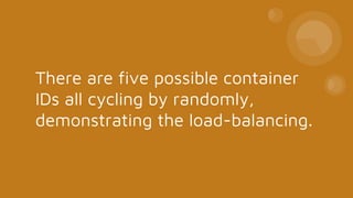 There are five possible container
IDs all cycling by randomly,
demonstrating the load-balancing.
 