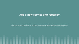 Add a new service and redeploy
docker stack deploy -c docker-compose.yml getstartedcompose
 
