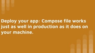 Deploy your app: Compose file works
just as well in production as it does on
your machine.
 