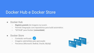 Docker Hub e Docker Store
● Docker Hub
○ Registry gratuito de imagens na nuvem.
○ Permite integração com repositórios para build automático.
○ “GITHUB” para Docker (comunidade)
● Docker Store
○ Conteúdo verificado
○ Imagens submetidas para aprovação
○ Parceiros (Microsoft, Redhat, Oracle, MySql)
 