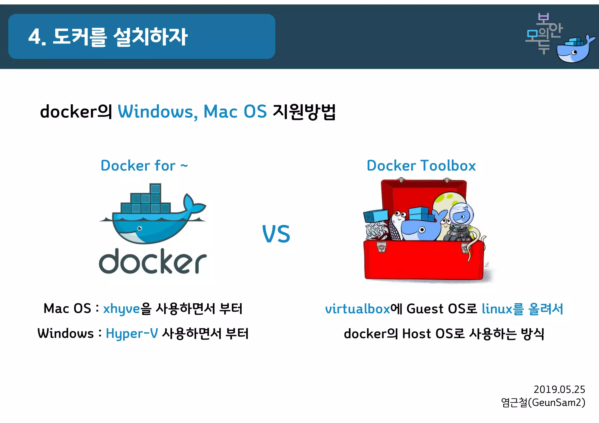 2019.05.25
염근철(GeunSam2)
4. 도커를 설치하자
docker의 Windows, Mac OS 지원방법
VS
Docker for ~ Docker Toolbox
Mac OS : xhyve을 사용하면서 부터
Windows : Hyper-V 사용하면서 부터
virtualbox에 Guest OS로 linux를 올려서
docker의 Host OS로 사용하는 방식
 