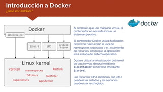Introducción a Docker
¿Qué es Docker?
Al contrario que una máquina virtual, el
contenedor no necesita incluir un
sistema operativo.
El contenedor Docker utiliza facilidades
del kernel, tales como el uso de
namespaces separados o el aislamiento
de recursos, con lo que la aplicación
está aislada del sistema operativo.
Docker utiliza la virtualización del kernel
de dos formas: directa (mediante
libcontainer) o indirecta (mediante
libvirt).
Los recursos (CPU, memoria, red, etc.)
pueden ser aislados y los servicios
pueden ser restringidos.
 