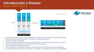 Introducción a Docker
Máquina virtual Vs Docker
• Una máquina virtual tiene un coste significativo, mientras Docker es gratuito y de código abierto.
• Docker utiliza procesos aislados y no requiere un hardware hypervisor
• Docker es mucho más rápido
• Los contenedores de Docker son mucho más pequeños y consumen muchos menos recursos.
• Los contenedores pueden ser compartidos entre varios equipos
• Los contenedores son más portables
• Los contenedores se pueden ejecutar en varias máquinas sin problemas de compatibilidad.
• Los contenedores pueden ser versionados, archivados, compartidos y facilitar la compatibilidad
 