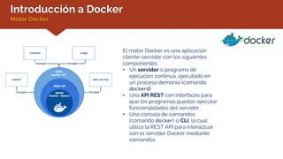 Introducción a Docker
Motor Docker
El motor Docker es una aplicación
cliente-servidor con los siguientes
componentes:
• Un servidor o programa de
ejecución continua, ejecutado en
un proceso demonio (comando
dockerd)
• Una API REST con interfaces para
que los programas puedan ejecutar
funcionalidades del servidor.
• Una consola de comandos
(comando docker) o CLI, la cual
utiliza la REST API para interactuar
con el servidor Docker mediante
comandos.
 