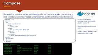 Compose
Redes
La sección networks
funciona como el comando
docker network.
Para más información sobre
redes:
https://docs.docker.com/
compose/networking/
Para definir y utilizar redes, utilizaremos la sección networks para crear la
red, y en la sección services, asignaremos dicha red al servicio concreto:
version: "3.7"
services:
db:
image: mysql:latest
ports:
- "3306:3306“
volumes:
- "mi-volumen:/var/lib/mysql“
networks:
- mi-red
environment:
- "MYSQL_ROOT_PASSWORD=my-root-password“
volumes:
mi-volumen:
networks:
mi-red:
$ docker network ls
NETWORK ID NAME DRIVER SCOPE
fc92ed9b3b3e bridge bridge local
4d487dd906ea docker-compose_default bridge local
3e0477e26e5b docker-compose_mi-red bridge local
807c2153859e host host local
7d4afbc3d9a6 none null local
 