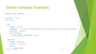 Docker-compose Examples
#mysql and adminer
version: '3.1'
services:
db:
image: mysql
command: --default-authentication-plugin=mysql_native_password
restart: always
environment:
MYSQL_ROOT_PASSWORD: root
adminer:
image: adminer
restart: always
ports:
- 8080:8080 2020Prepared By Mutlu Okuducu
 