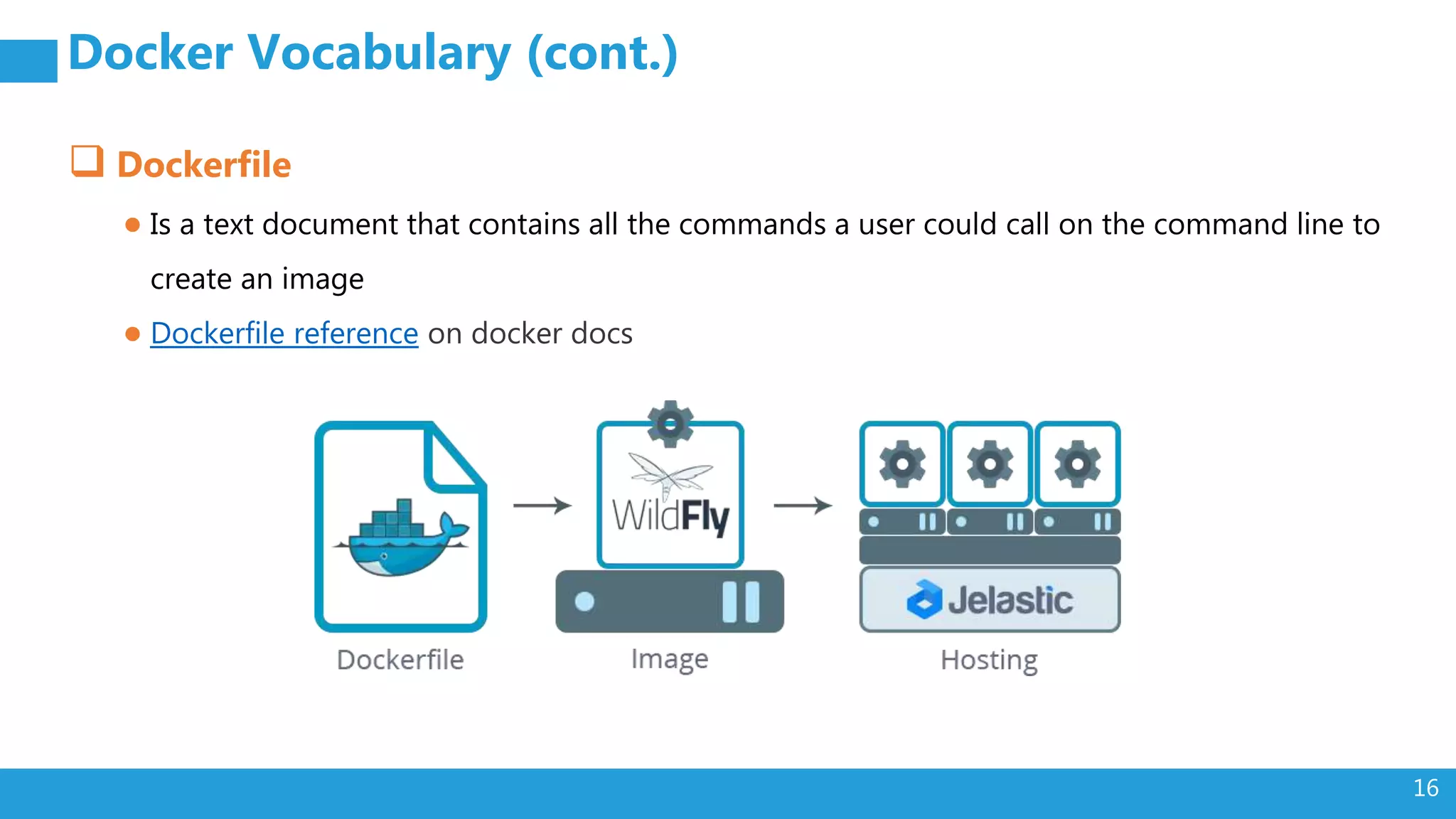 16 Docker Vocabulary (cont.)  Dockerfile ● Is a text document that contains all the commands a user could call on the command line to create an image ● Dockerfile reference on docker docs 