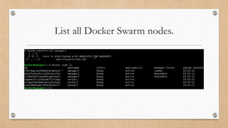 List all Docker Swarm nodes.
 
