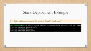 Stack Deployment Example
$ docker stack deploy --compose-file <compose file path> <stack name>
 