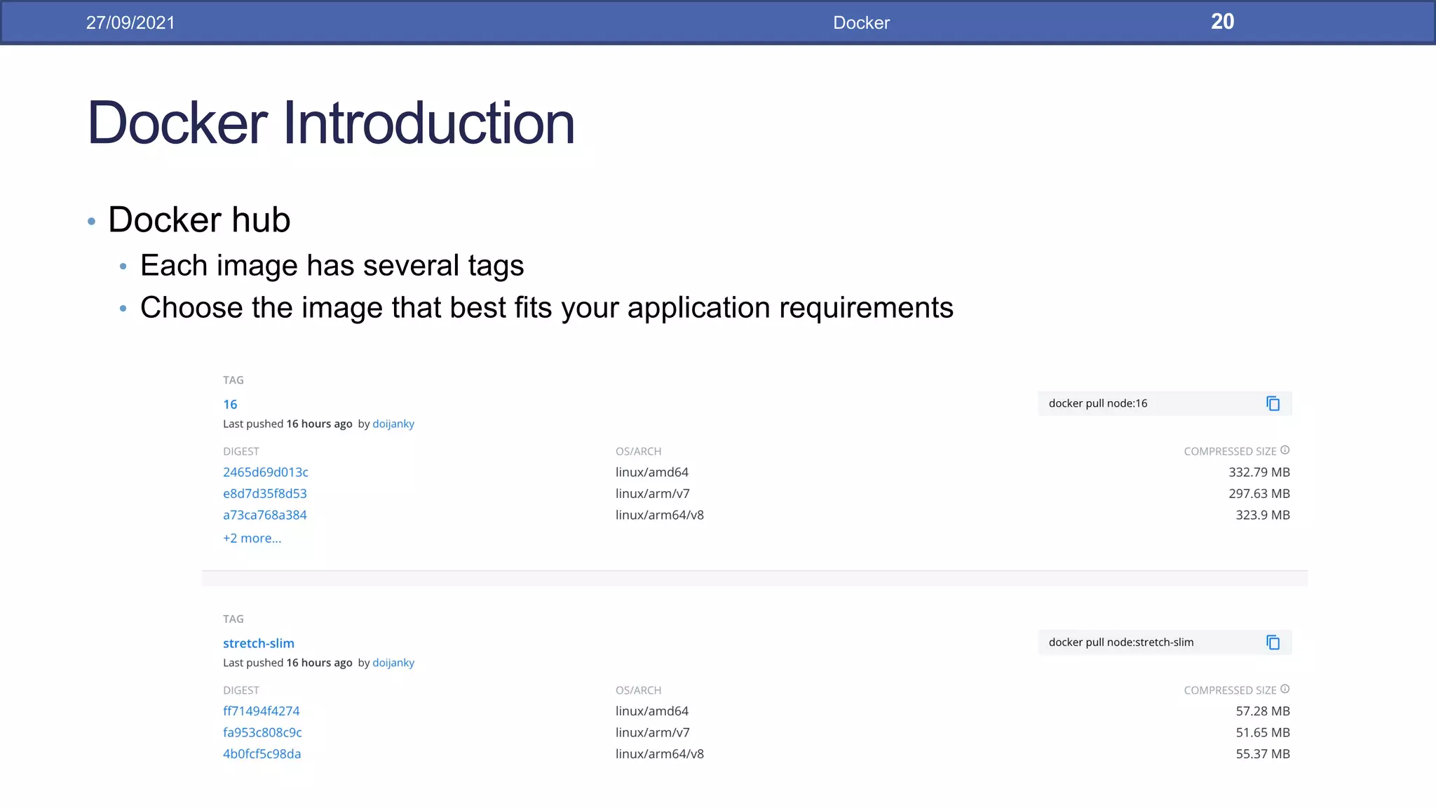 Docker Introduction
• Docker hub
• Each image has several tags
• Choose the image that best fits your application requirements
27/09/2021 Docker 20
 
