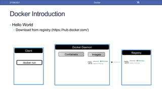 Docker Introduction
• Hello World
• Download from registry (https://hub.docker.com/)
27/09/2021 Docker 16
Registry
Docker Daemon
Containers Images
Client
docker run
 