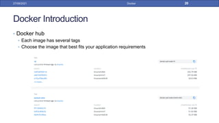 Docker Introduction
• Docker hub
• Each image has several tags
• Choose the image that best fits your application requirements
27/09/2021 Docker 20
 
