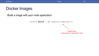 Docker Images
• Build a image with your node application
• docker build . -t jadsonjs/appnode:v1
27/09/2021 Docker 31
Image name
(name space + repository + tag)
 