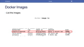 Docker Images
• List the images
docker image ls
27/09/2021 Docker 32
 