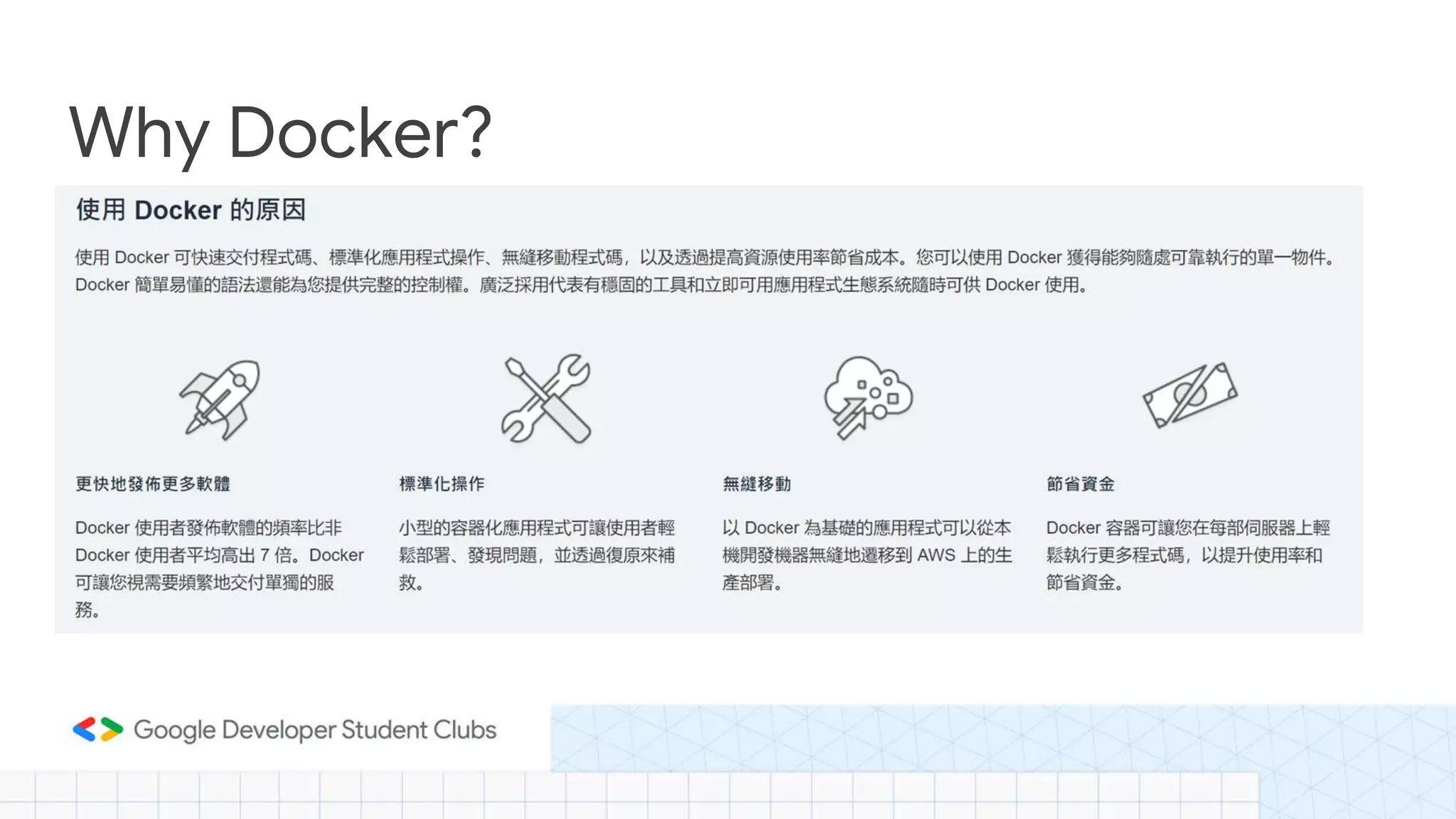 Why Docker?
• 部屬快
• 靈活配置環境且和宿主機隔離
• 啟動速度快
• 可以配合VM做應用
 