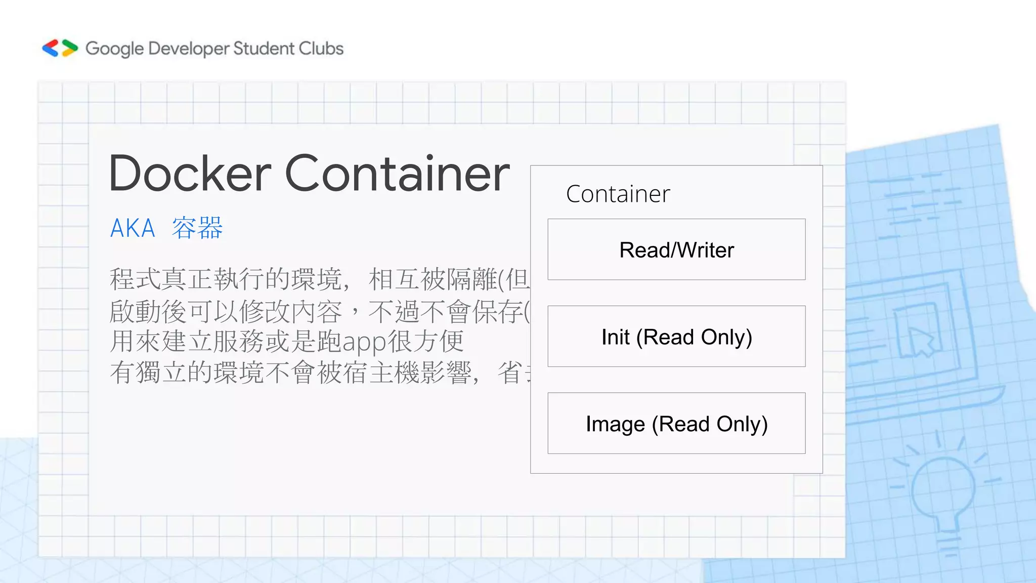 Docker Container
程式真正執行的環境，相互被隔離(但可以通訊)
啟動後可以修改內容，不過不會保存(除非你掛Volume)
用來建立服務或是跑app很方便
有獨立的環境不會被宿主機影響，省去環境架設麻煩
AKA 容器
Read/Writer
Container
Init (Read Only)
Image (Read Only)
 