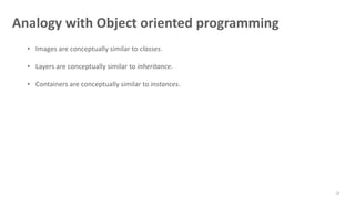 22
Analogy with Object oriented programming
• Images are conceptually similar to classes.
• Layers are conceptually similar to inheritance.
• Containers are conceptually similar to instances.
 